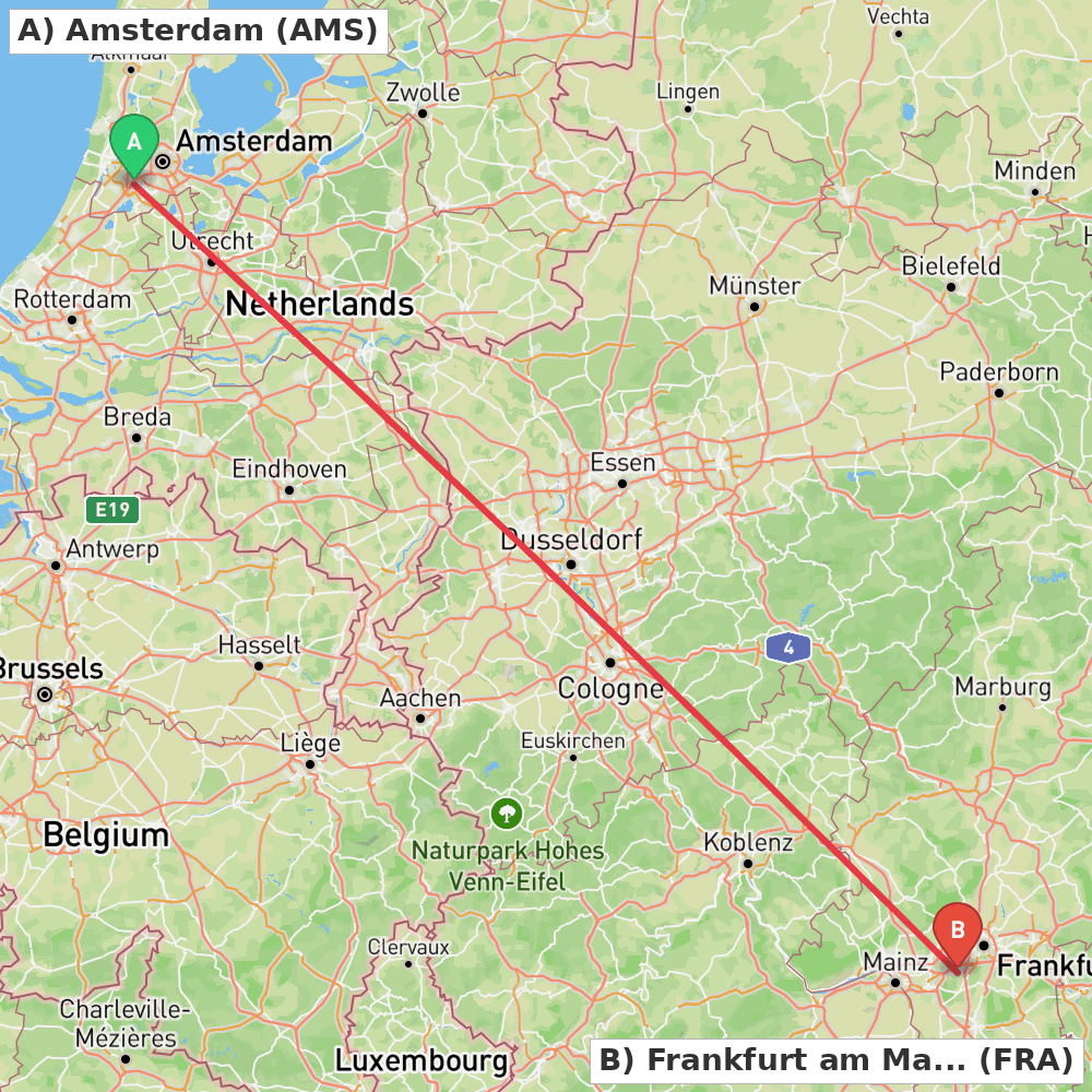 Flight route map from Amsterdam to Frankfurt am Main