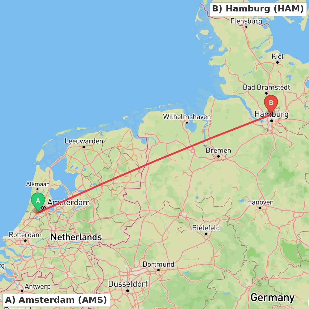 Flight route map from Amsterdam to Hamburg
