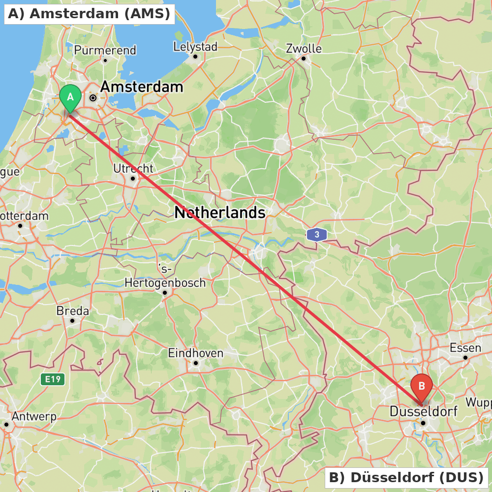 Flight route map from Amsterdam to Düsseldorf