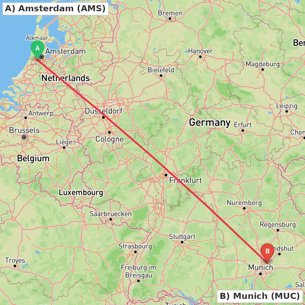 Flight route map from Amsterdam to Munich