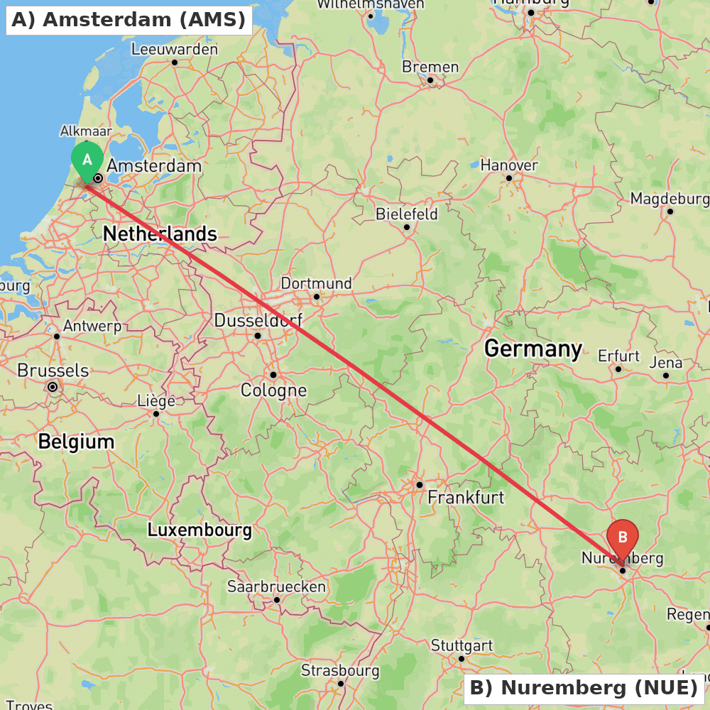 Flight route map from Amsterdam to Nuremberg