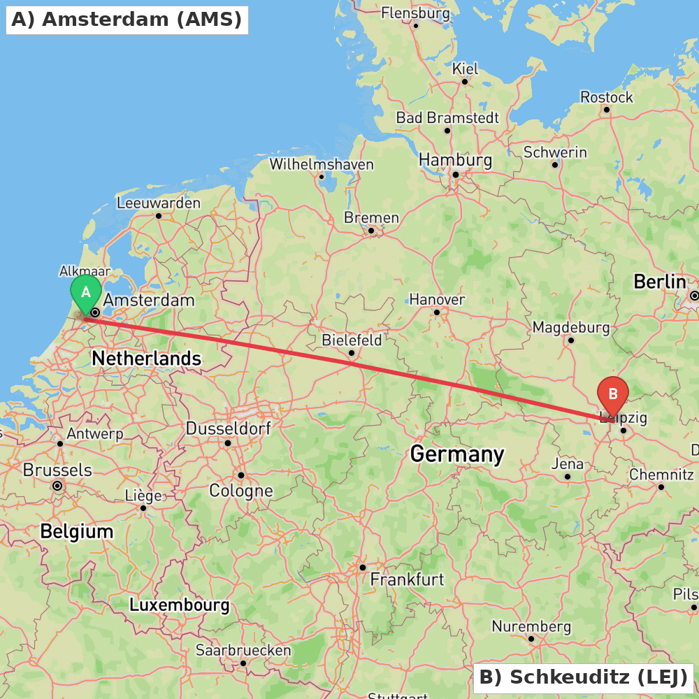 Flight route map from Amsterdam to Schkeuditz