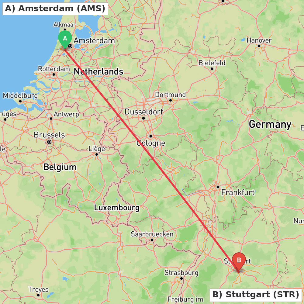 Flight route map from Amsterdam to Stuttgart
