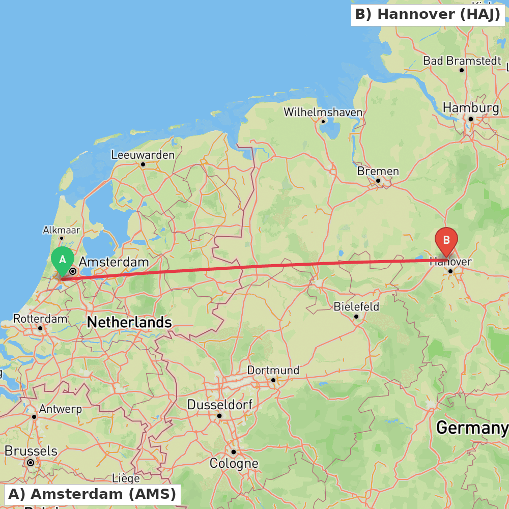 Flight route map from Amsterdam to Hannover