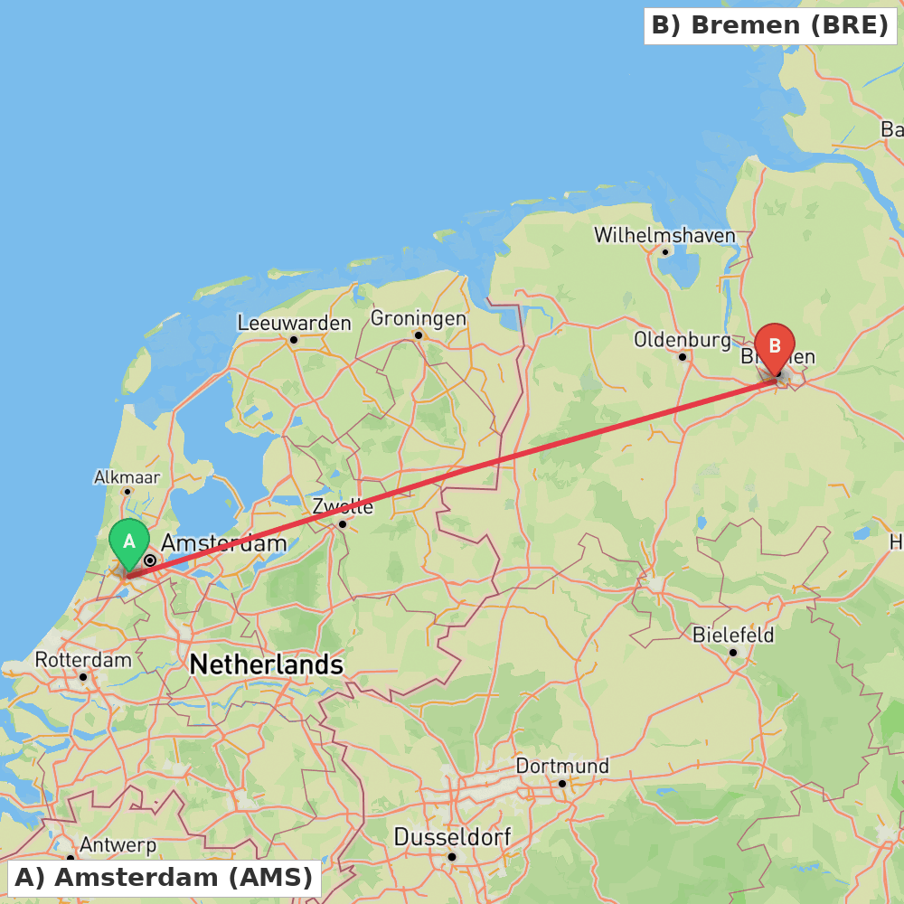 Flight route map from Amsterdam to Bremen