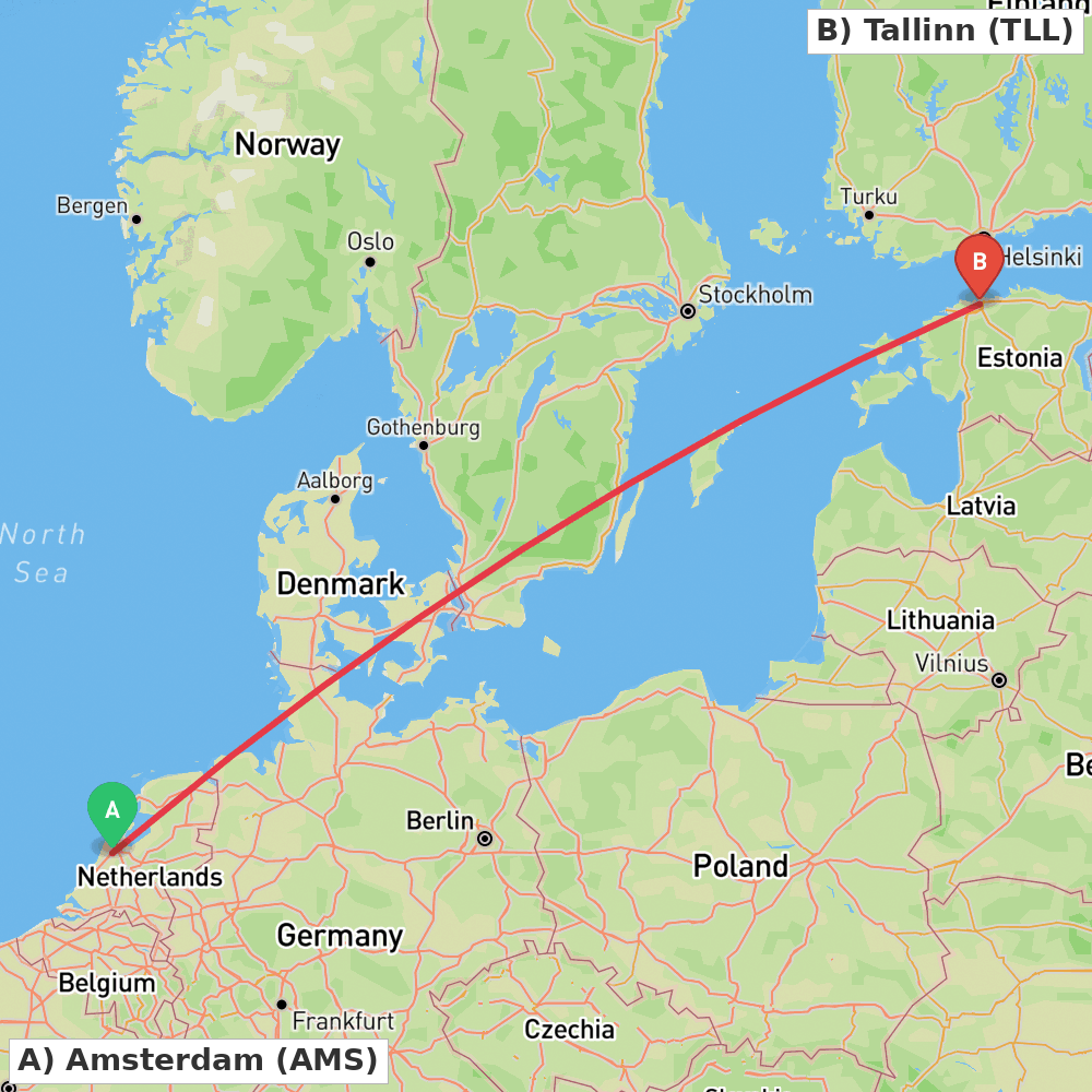 Flight route map from Amsterdam to Tallinn