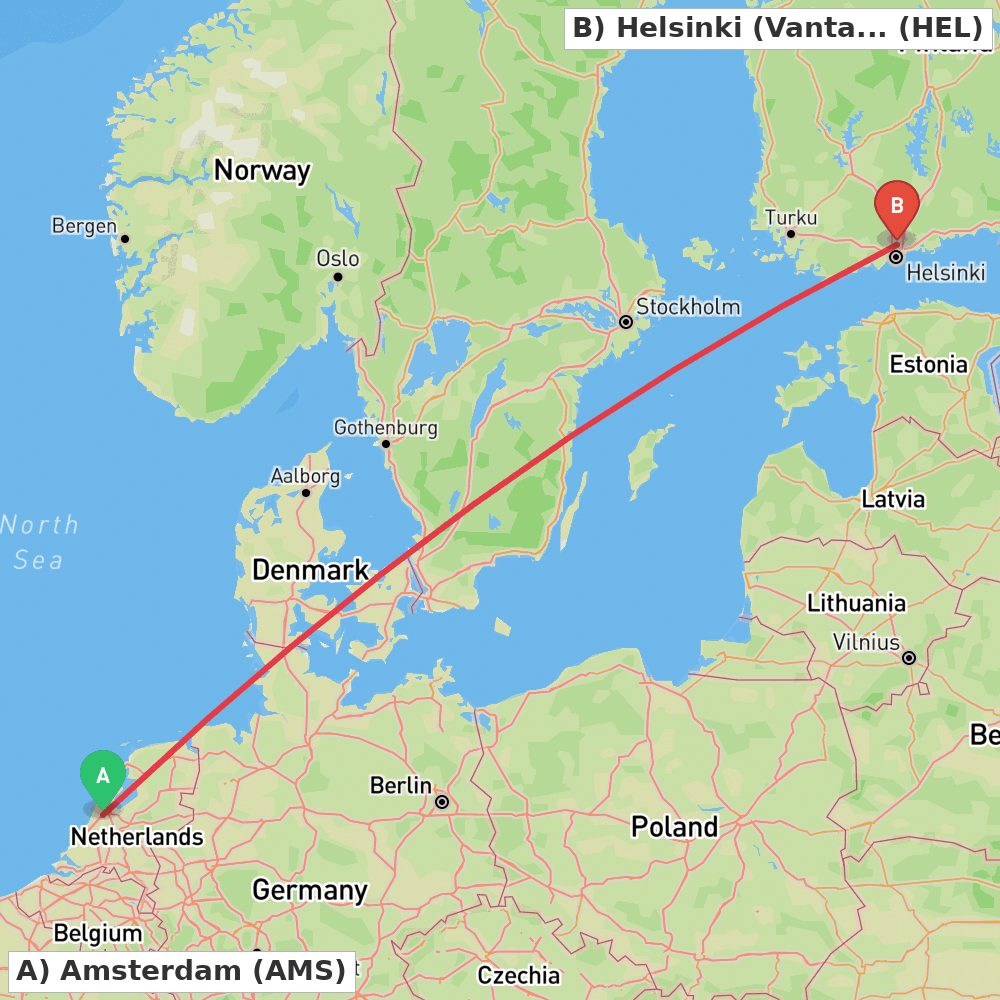 Flight route map from Amsterdam to Helsinki (Vantaa)