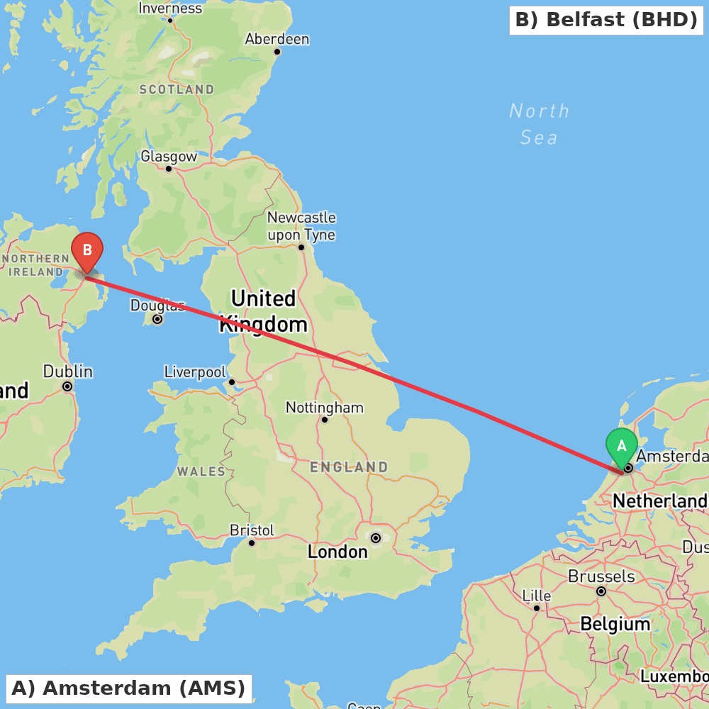 Flight route map from Amsterdam to Belfast