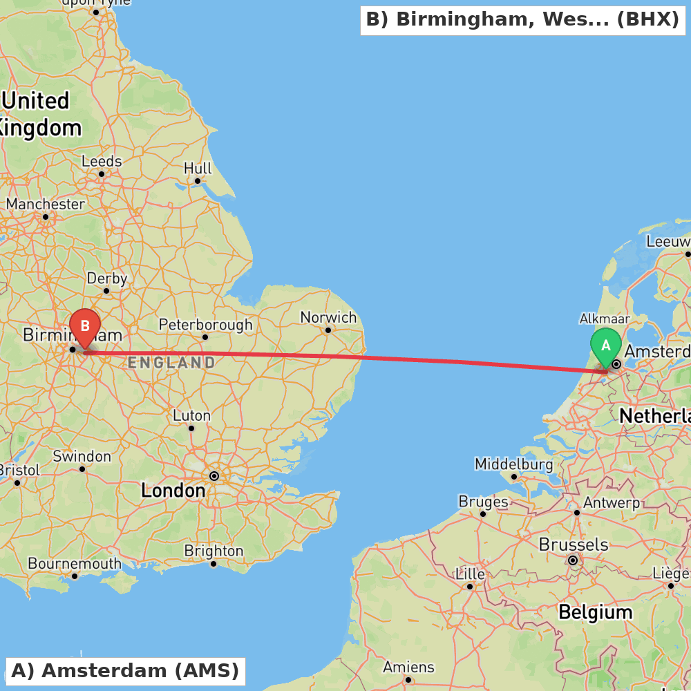 Flight route map from Amsterdam to Birmingham, West Midlands
