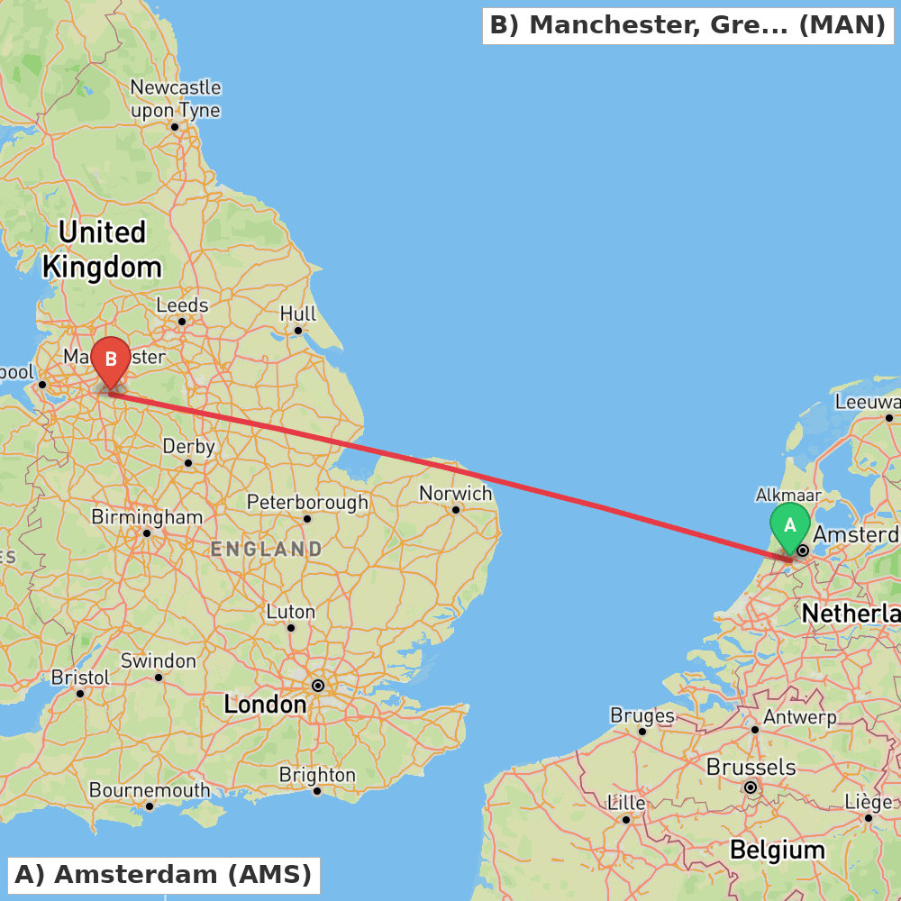 Flight route map from Amsterdam to Manchester, Greater Manchester
