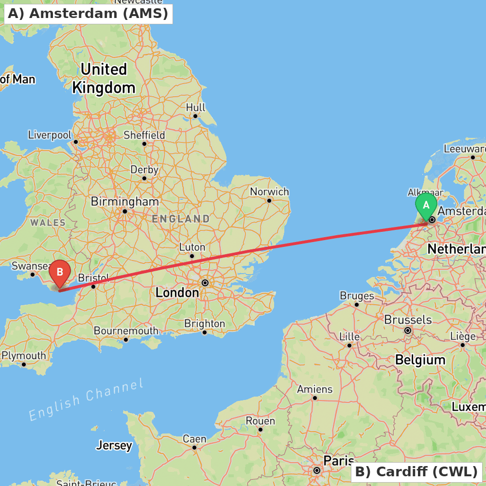Flight route map from Amsterdam to Cardiff