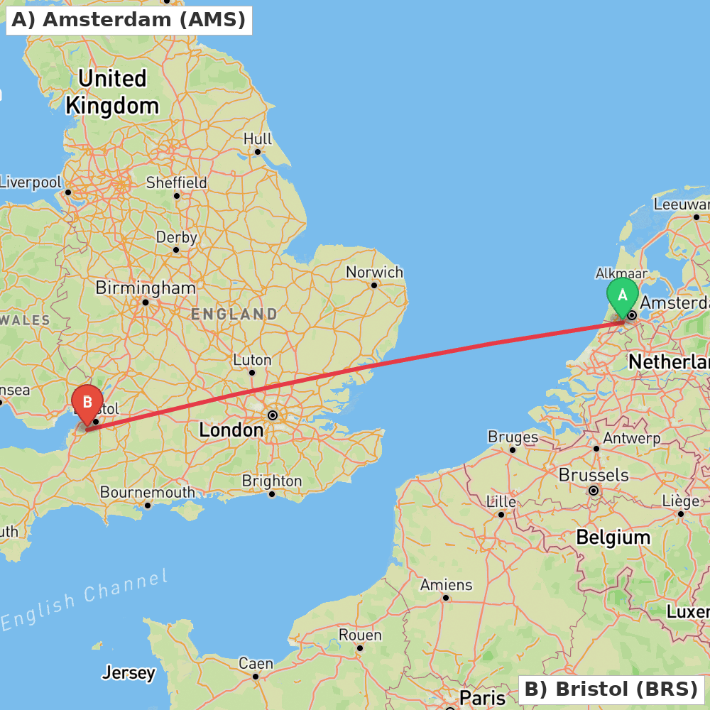 Flight route map from Amsterdam to Bristol