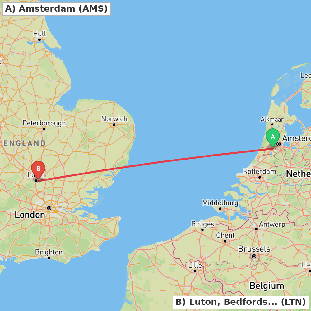 Flight route map from Amsterdam to Luton, Bedfordshire