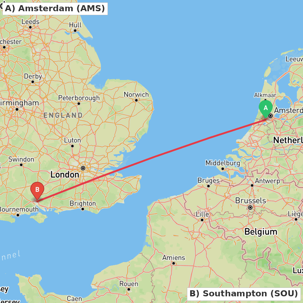 Flight route map from Amsterdam to Southampton