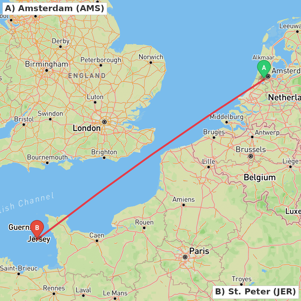 Flight route map from Amsterdam to St. Peter