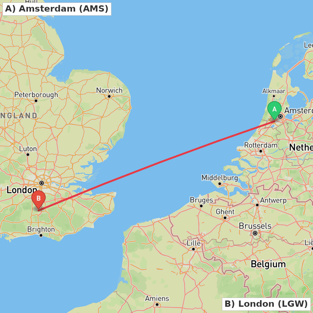 Flight route map from Amsterdam to London