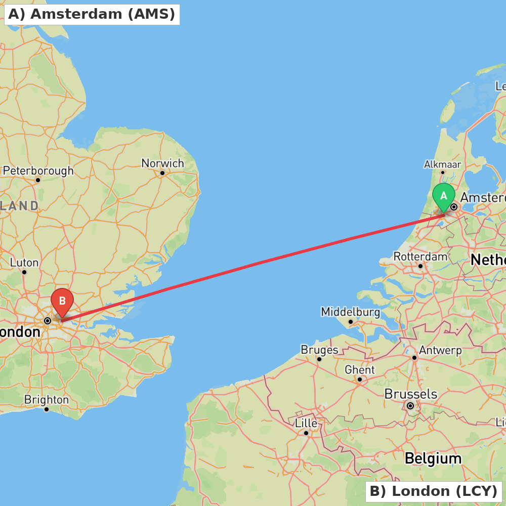 Flight route map from Amsterdam to London