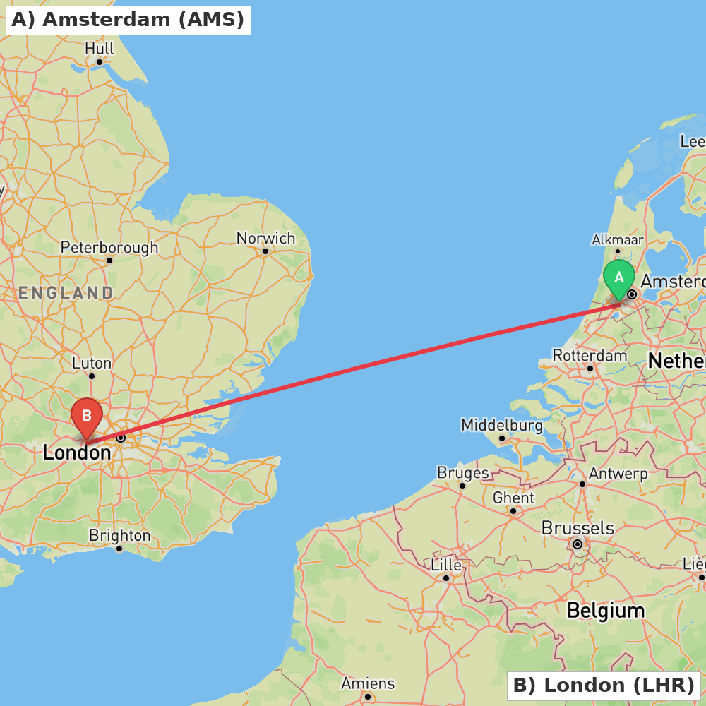 Flight route map from Amsterdam to London