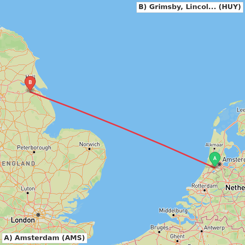 Flight route map from Amsterdam to Grimsby, Lincolnshire