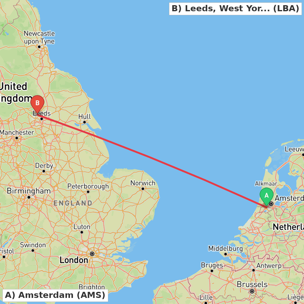 Flight route map from Amsterdam to Leeds, West Yorkshire