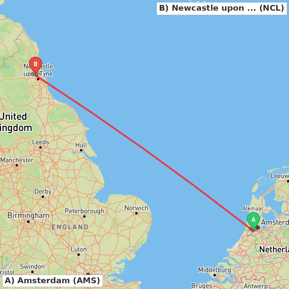Flight route map from Amsterdam to Newcastle upon Tyne, Tyne and Wear