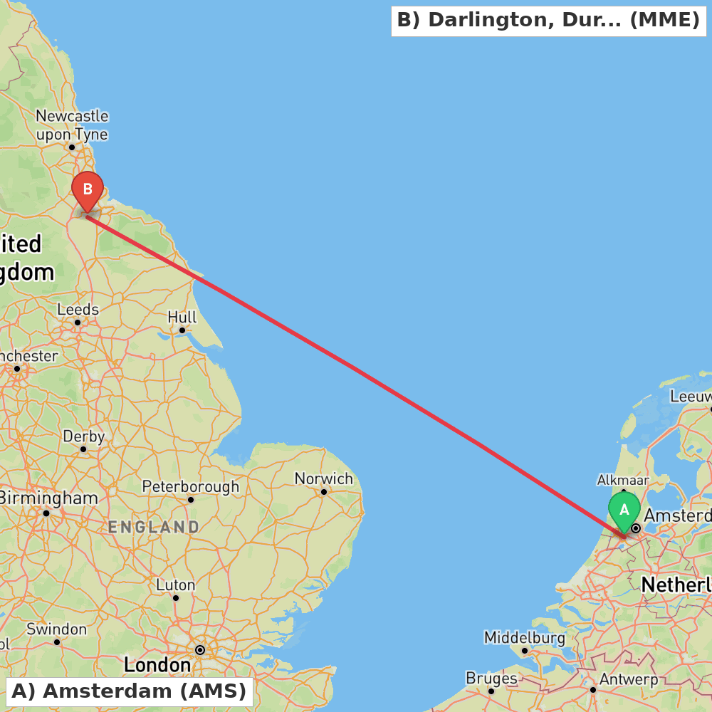Flight route map from Amsterdam to Darlington, Durham