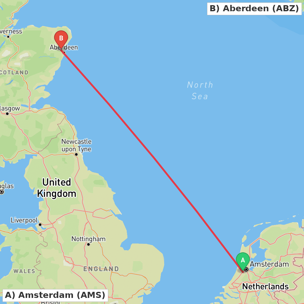 Flight route map from Amsterdam to Aberdeen