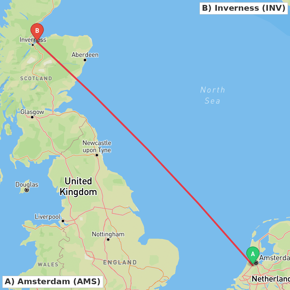 Flight route map from Amsterdam to Inverness