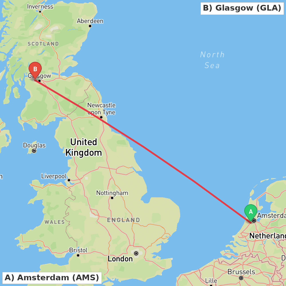 Flight route map from Amsterdam to Glasgow