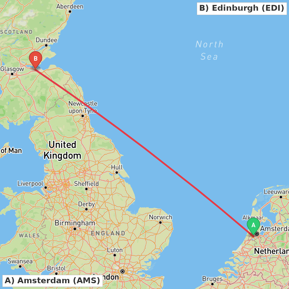 Flight route map from Amsterdam to Edinburgh