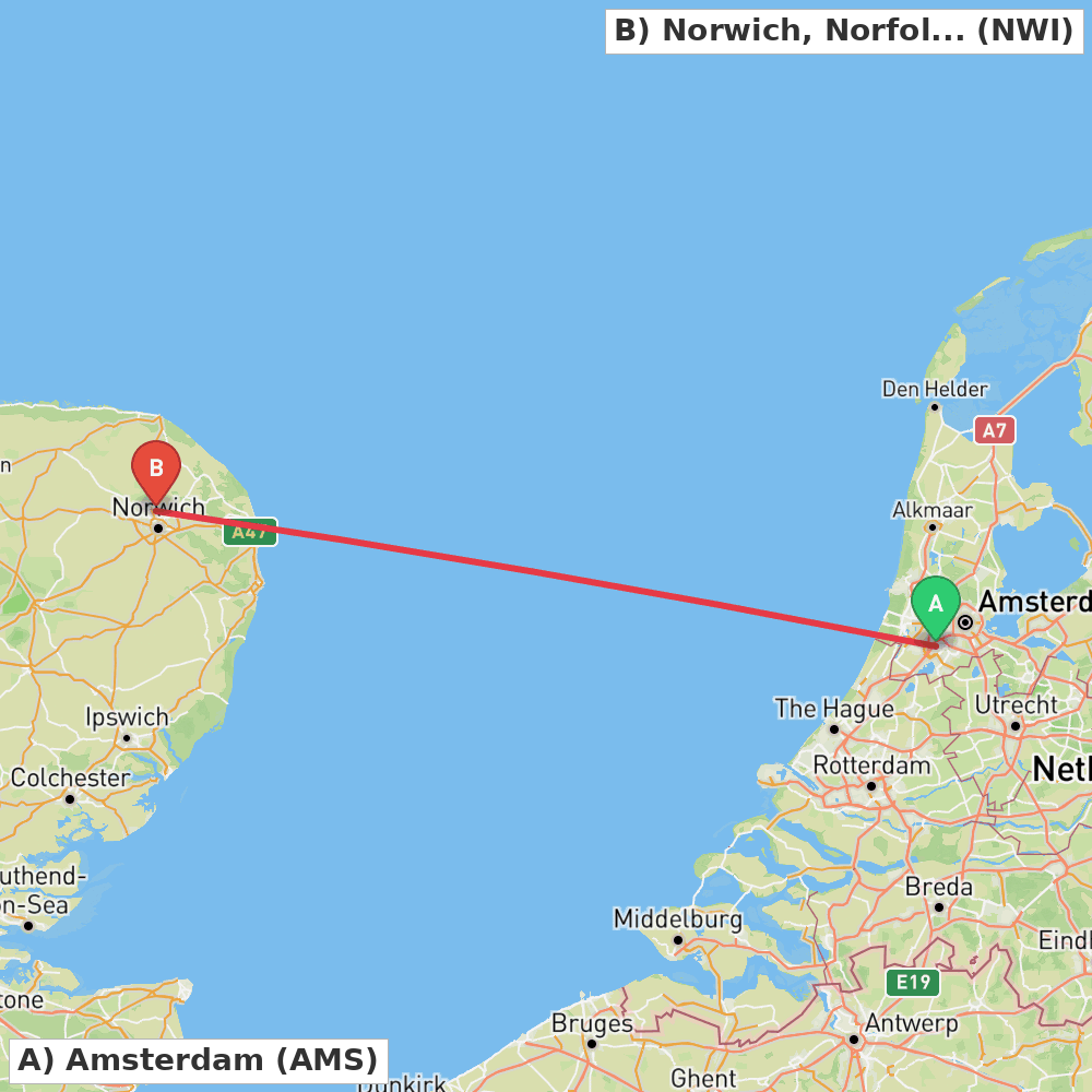 Flight route map from Amsterdam to Norwich, Norfolk