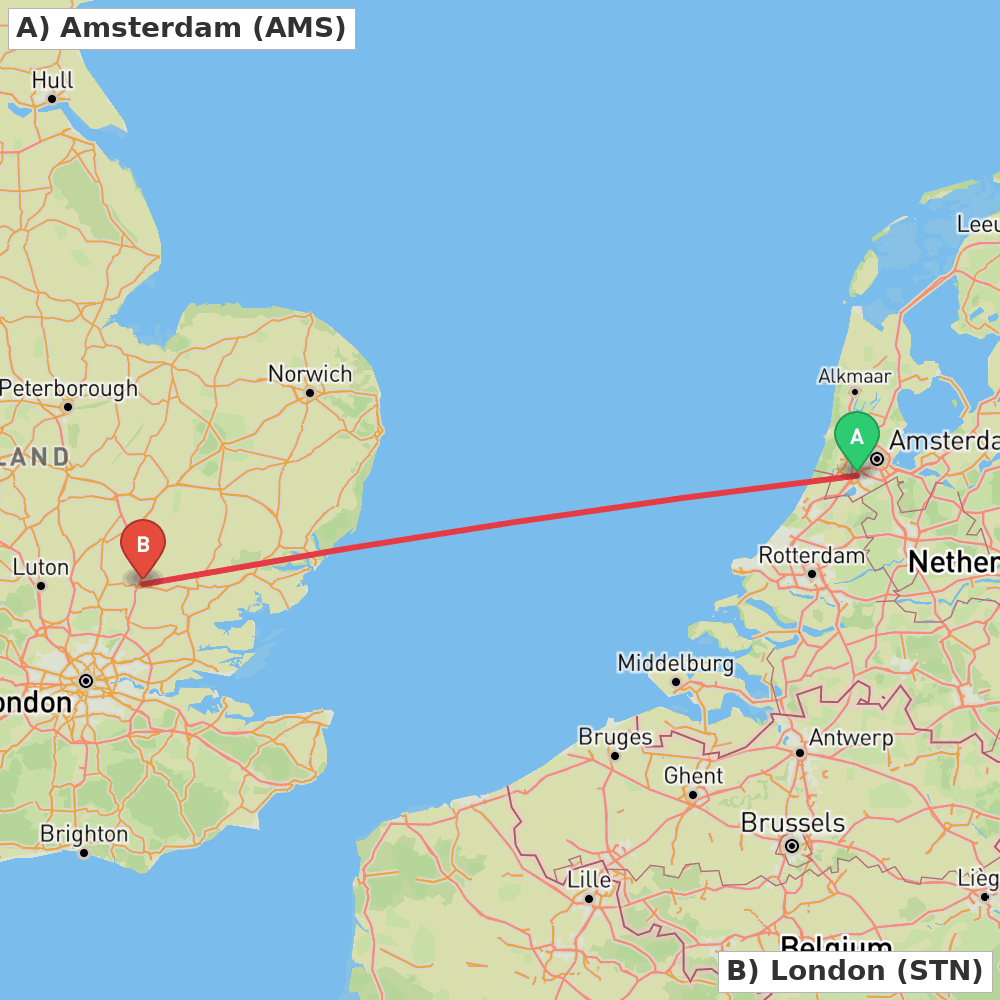 Flight route map from Amsterdam to London