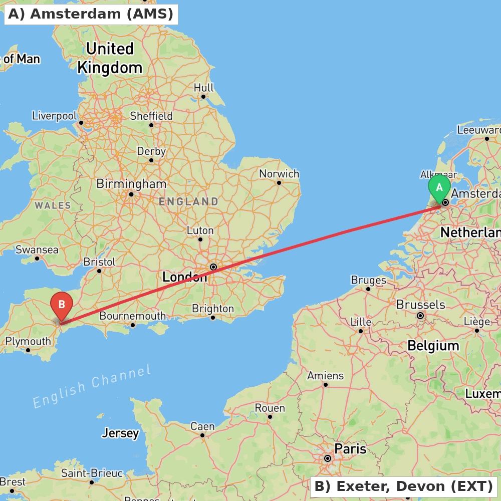 Flight route map from Amsterdam to Exeter, Devon