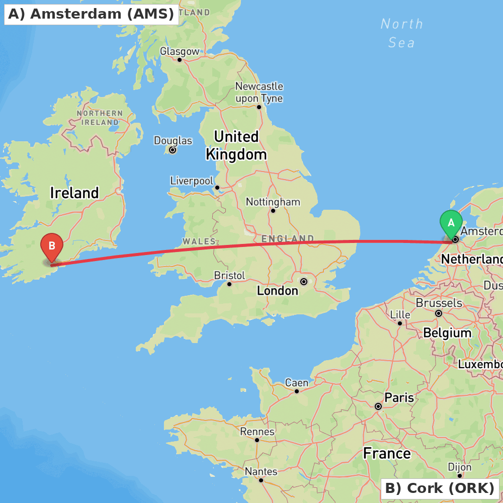 Flight route map from Amsterdam to Cork