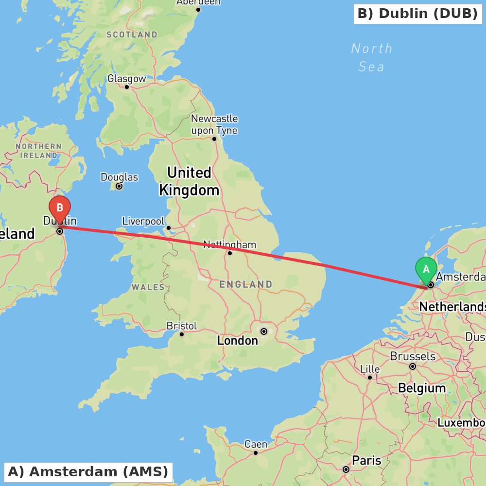 Flight route map from Amsterdam to Dublin