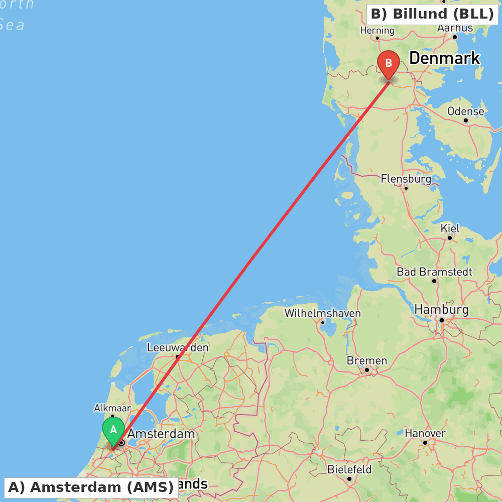 Flight route map from Amsterdam to Billund