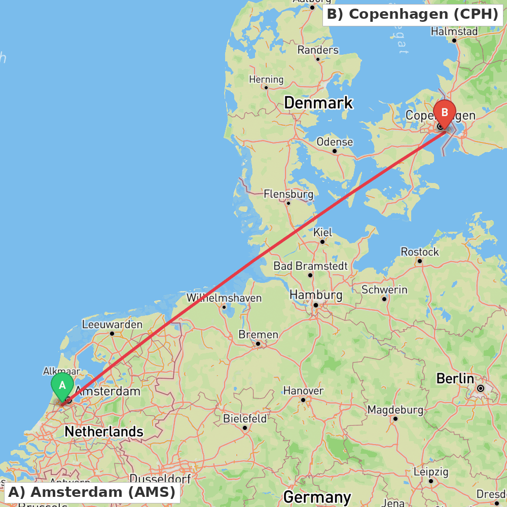 Flight route map from Amsterdam to Copenhagen