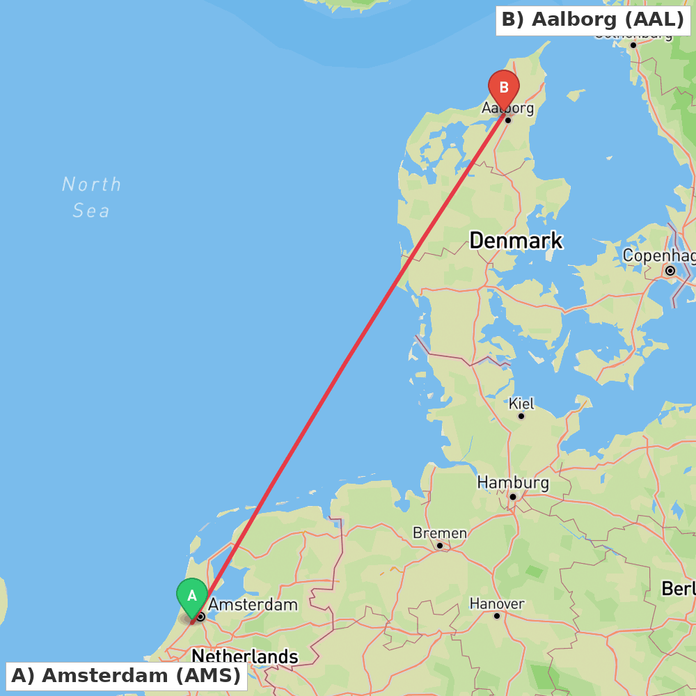 Flight route map from Amsterdam to Aalborg