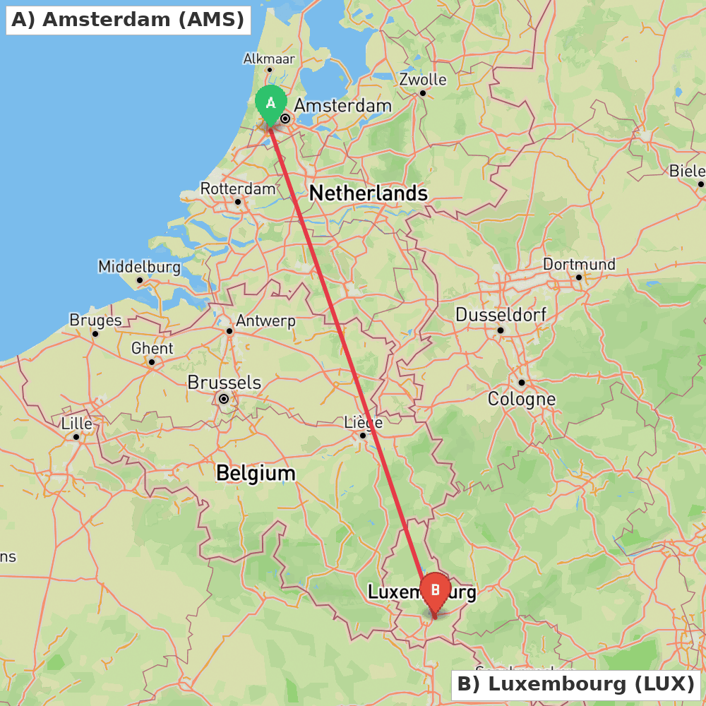 Flight route map from Amsterdam to Luxembourg