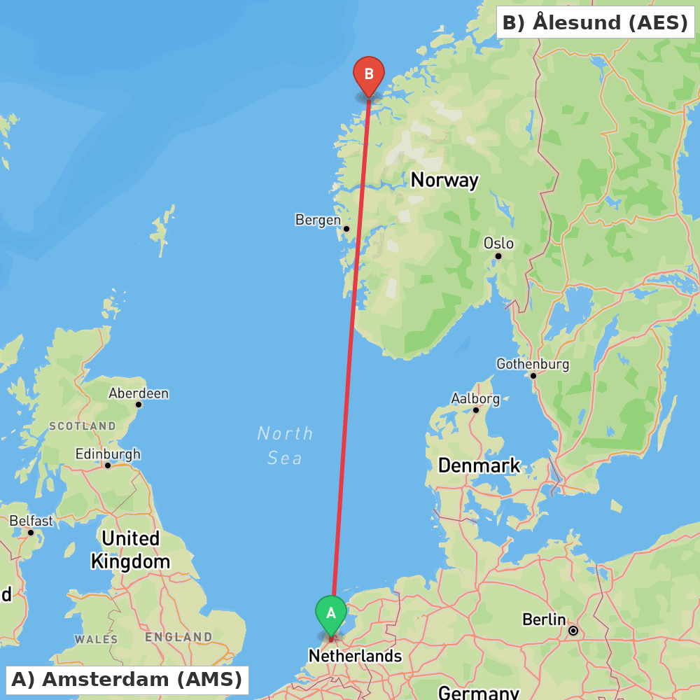 Flight route map from Amsterdam to Ålesund