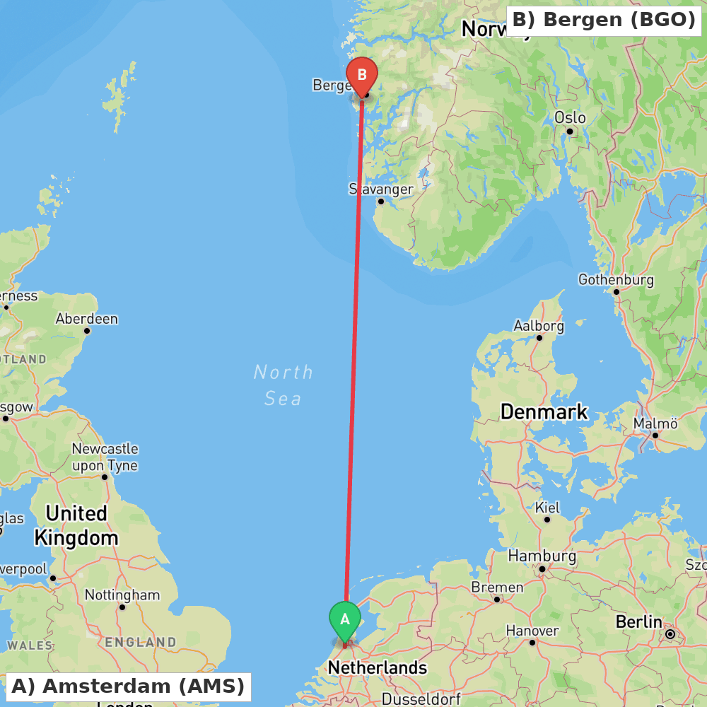 Flight route map from Amsterdam to Bergen