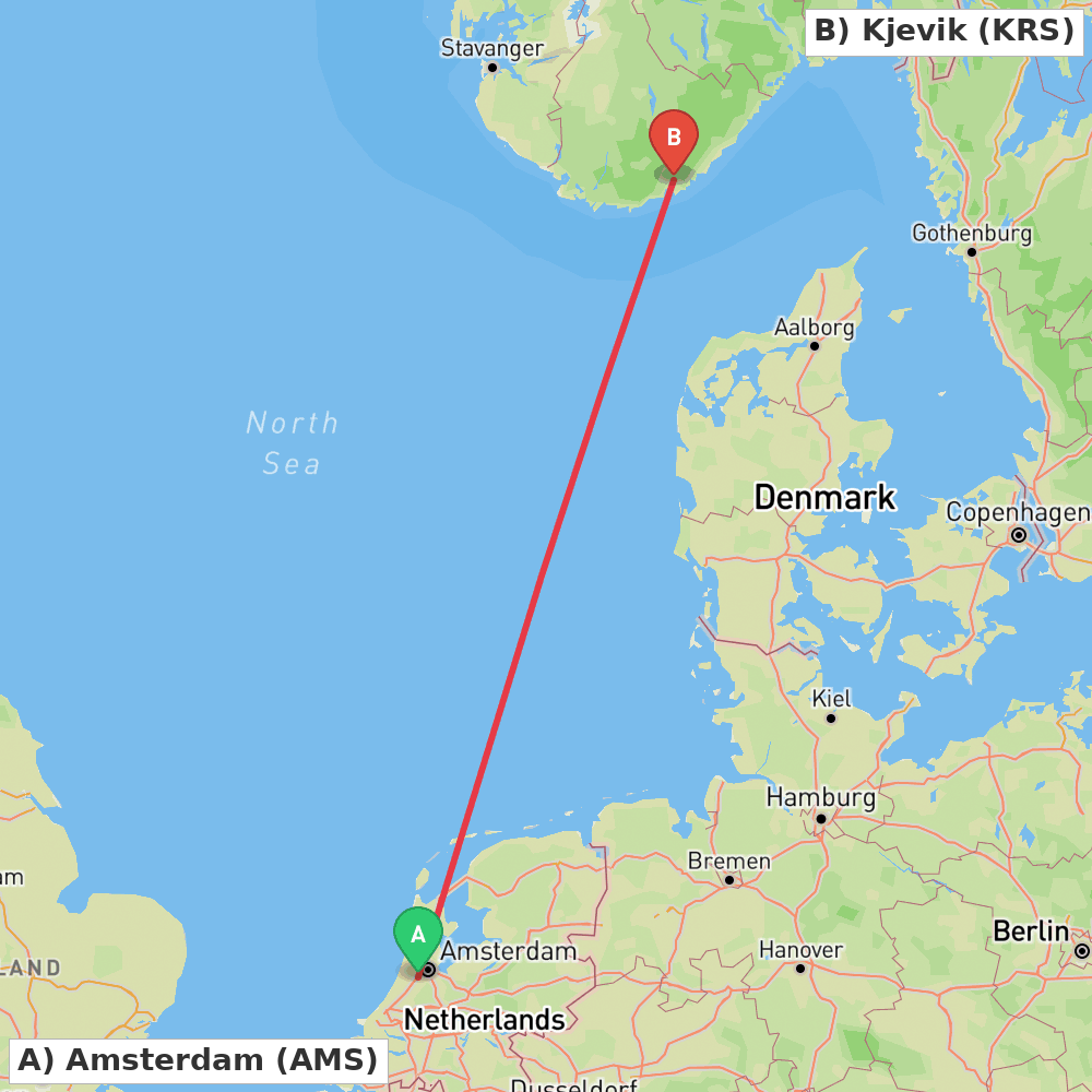 Flight route map from Amsterdam to Kjevik