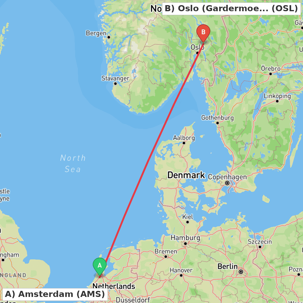 Flight route map from Amsterdam to Oslo (Gardermoen)