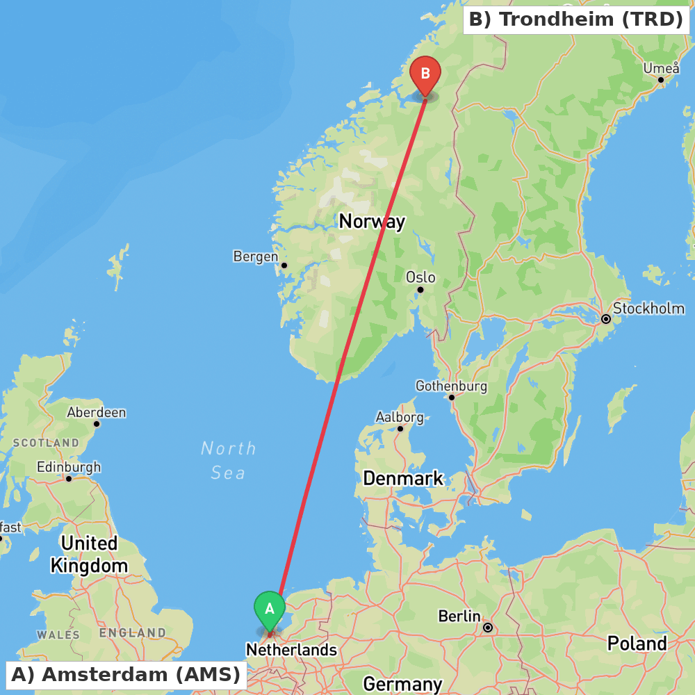 Flight route map from Amsterdam to Trondheim