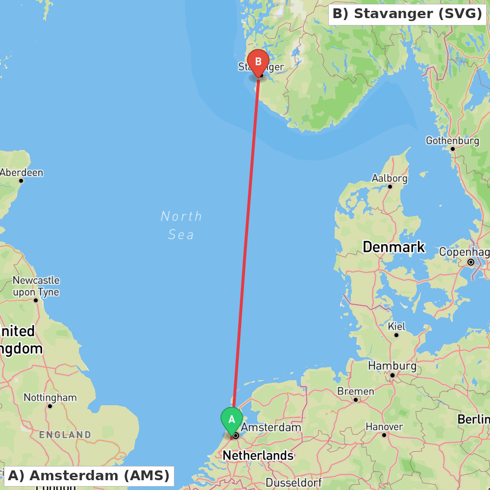Flight route map from Amsterdam to Stavanger