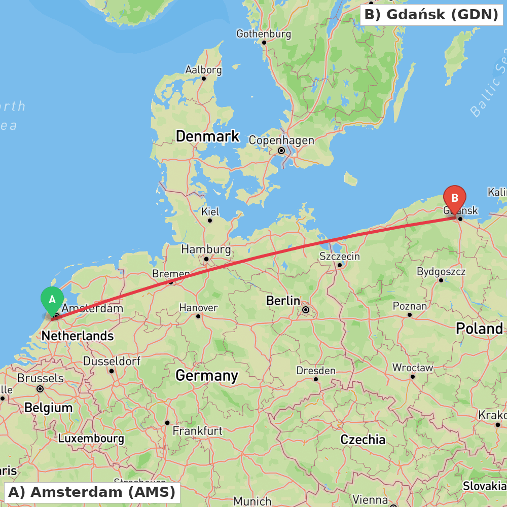 Flight route map from Amsterdam to Gdańsk