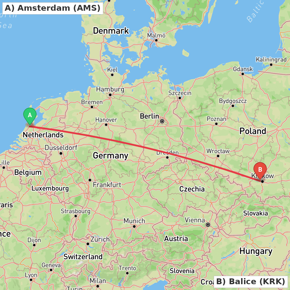 Flight route map from Amsterdam to Balice