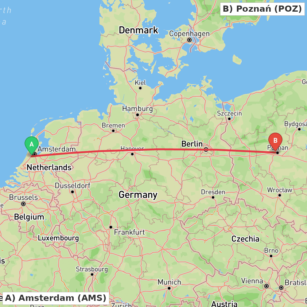Flight route map from Amsterdam to Poznań