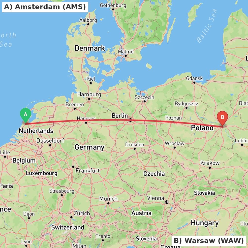 Flight route map from Amsterdam to Warsaw