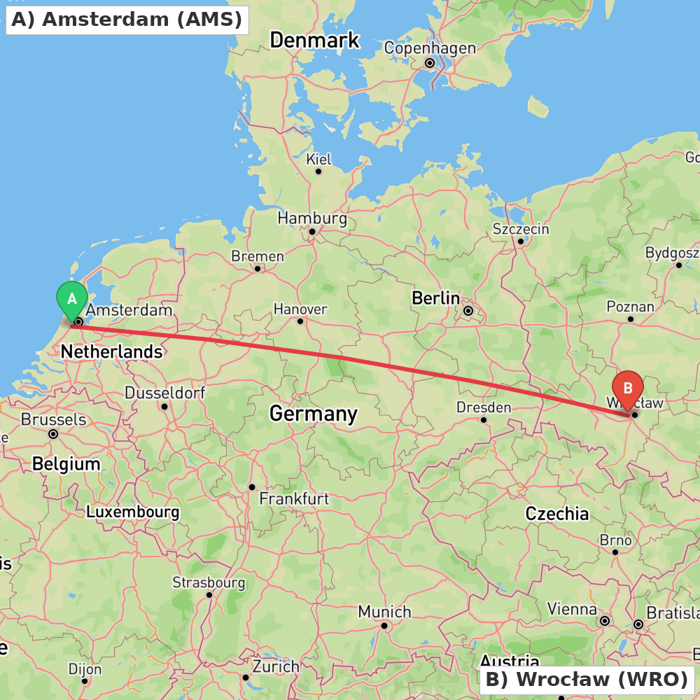 Flight route map from Amsterdam to Wrocław